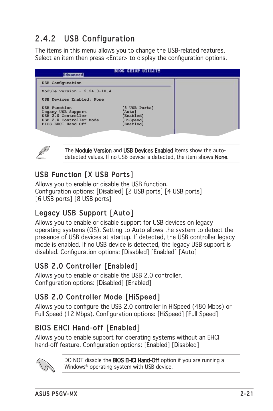 2 usb configuration, Usb function [x usb ports, Legacy usb support [auto | Usb 2.0 controller [enabled, Usb 2.0 controller mode [hispeed, Bios ehci hand-off [enabled | Asus P5GV-MX User Manual | Page 67 / 88