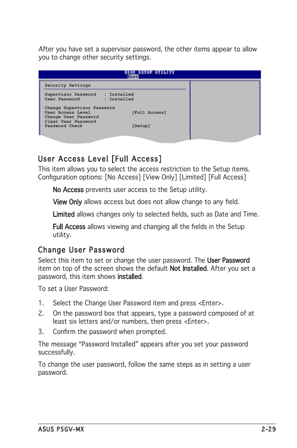 User access level [full access, Change user password | Asus P5GV-MX User Manual | Page 75 / 88