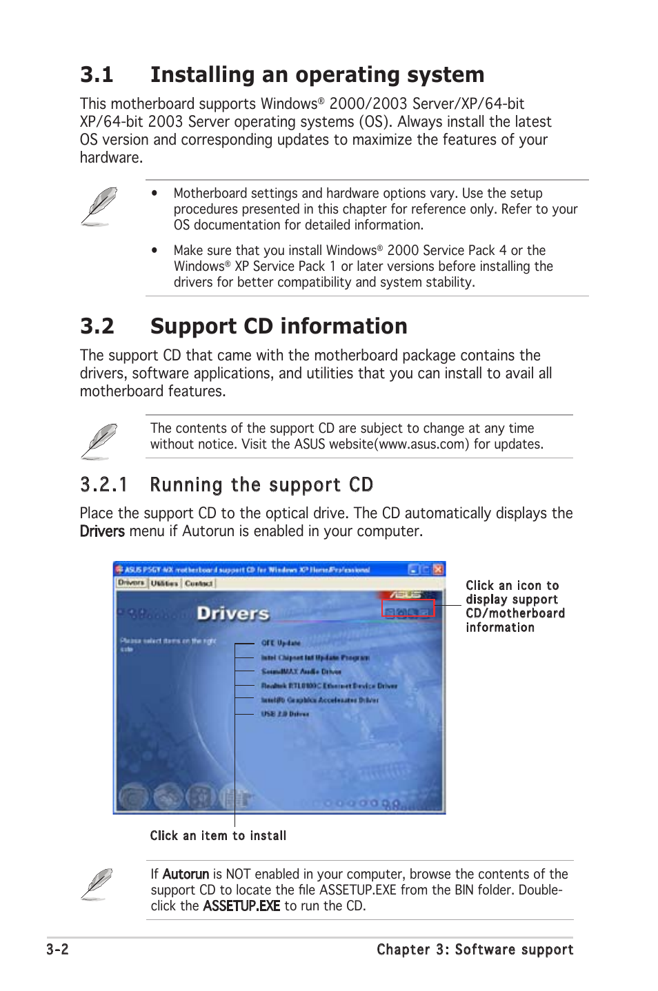 1 installing an operating system, 2 support cd information, 1 running the support cd | Asus P5GV-MX User Manual | Page 80 / 88