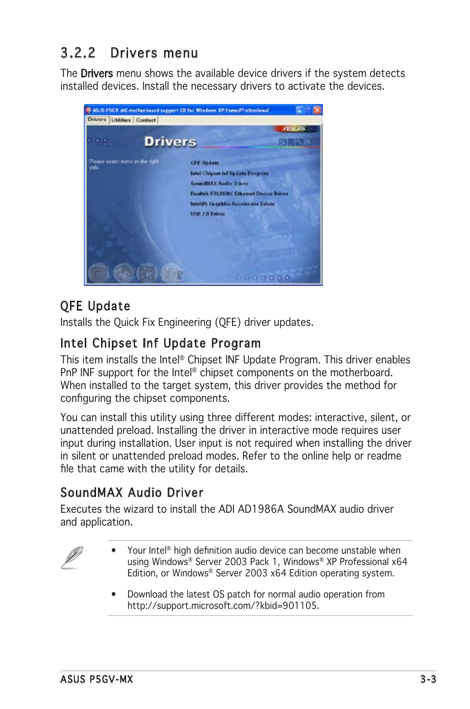 2 drivers menu, Qfe update, Intel chipset inf update program | Soundmax audio driver | Asus P5GV-MX User Manual | Page 81 / 88