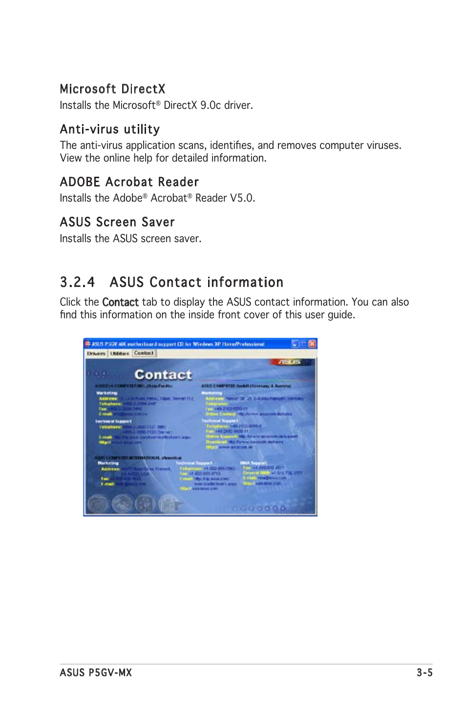 4 asus contact information, Microsoft directx, Anti-virus utility | Adobe acrobat reader, Asus screen saver | Asus P5GV-MX User Manual | Page 83 / 88