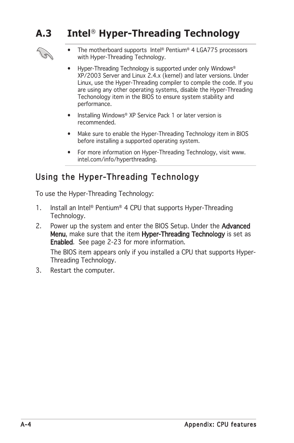 A.3 intel, Hyper-threading technology, Using the hyper-threading technology | Asus P5GV-MX User Manual | Page 88 / 88