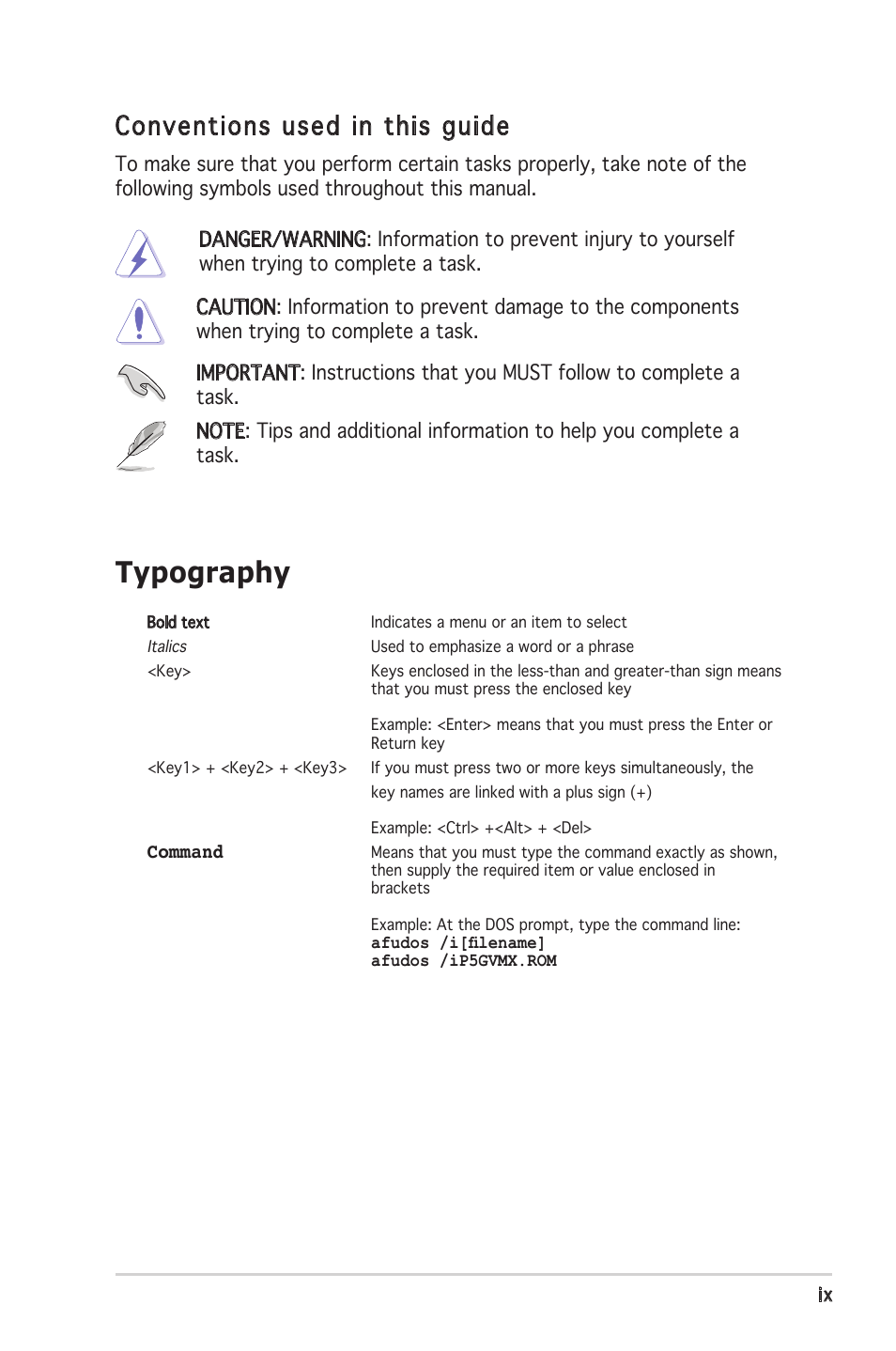 Typography, Conventions used in this guide | Asus P5GV-MX User Manual | Page 9 / 88