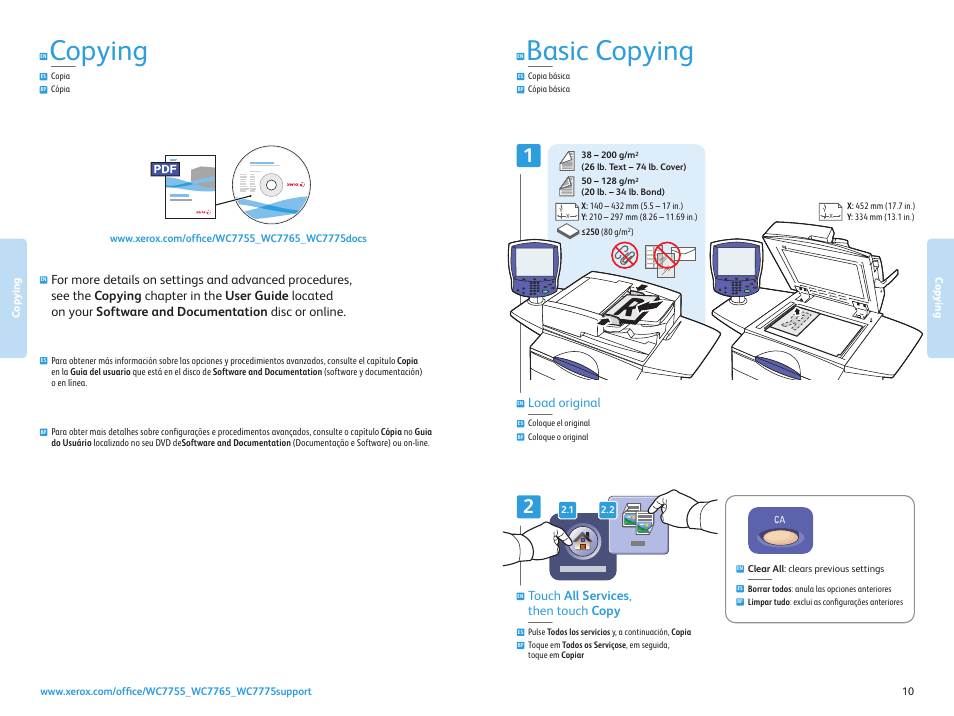 Copying, Copia cópia, Copia básica cópia básica | Basic copying, Load original, Touch all services , then touch copy | Xerox WorkCentre 7755-7765-7775 con built-in controller-17571 User Manual | Page 10 / 20