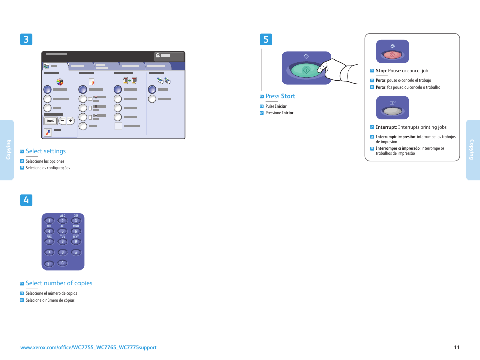 Select number of copies, Press start, Select settings | Xerox WorkCentre 7755-7765-7775 con built-in controller-17571 User Manual | Page 11 / 20