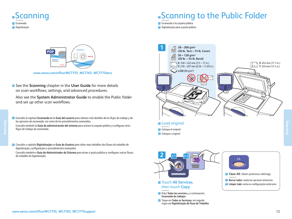 Scanning, Escaneado digitalização, Scanning to the public folder | Load original, Touch all services , then touch copy | Xerox WorkCentre 7755-7765-7775 con built-in controller-17571 User Manual | Page 12 / 20