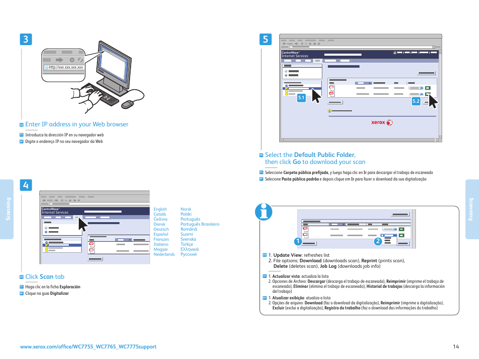 Enter ip address in your web browser, Click scan tab | Xerox WorkCentre 7755-7765-7775 con built-in controller-17571 User Manual | Page 14 / 20