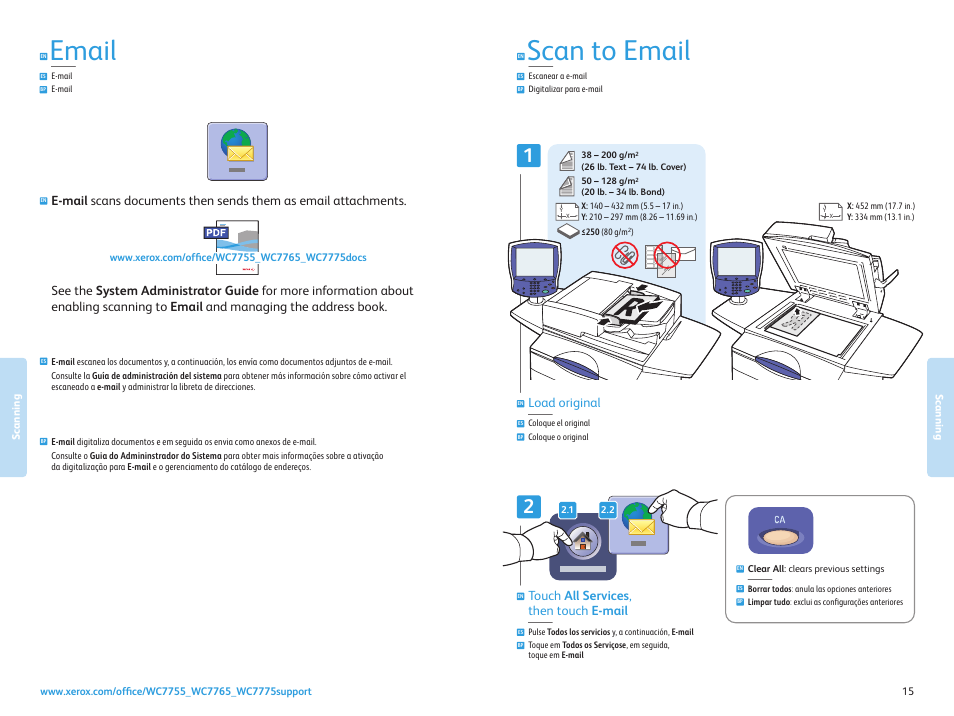 E-mail e-mail, Email, Escanear a e-mail digitalizar para e-mail | Scanning to email, Scan to email, Touch all services , then touch e-mail, Load original | Xerox WorkCentre 7755-7765-7775 con built-in controller-17571 User Manual | Page 15 / 20