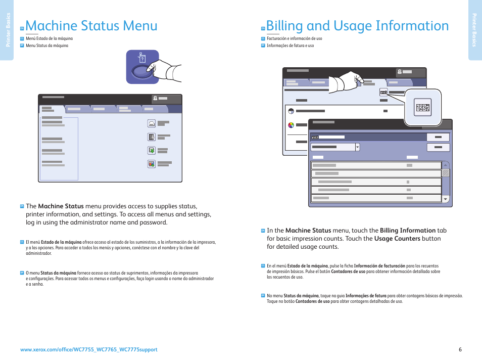 Menú estado de la máquina menu status da máquina, Machine status menu, Billing and usage information | Xerox WorkCentre 7755-7765-7775 con built-in controller-17571 User Manual | Page 6 / 20