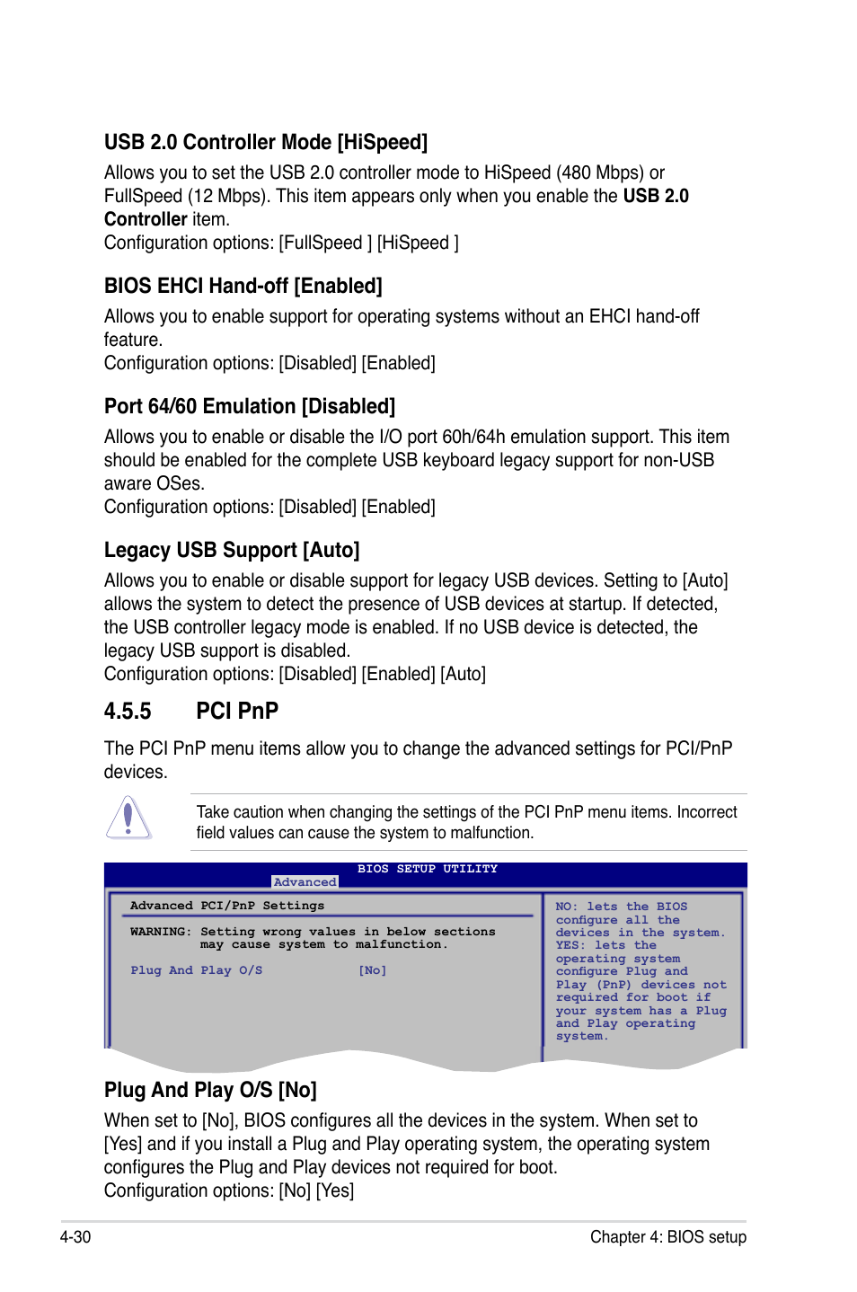 5 pci pnp, Pci pnp -30, Usb 2.0 controller mode [hispeed | Bios ehci hand-off [enabled, Port 64/60 emulation [disabled, Legacy usb support [auto, Plug and play o/s [no | Asus EVOLUTION P5E64 WS User Manual | Page 100 / 180