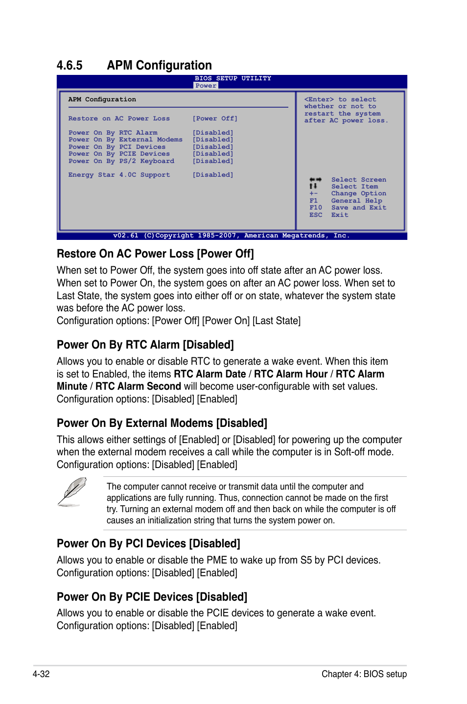 5 apm configuration, Apm configuration -32, Restore on ac power loss [power off | Power on by rtc alarm [disabled, Power on by external modems [disabled, Power on by pci devices [disabled, Power on by pcie devices [disabled | Asus EVOLUTION P5E64 WS User Manual | Page 102 / 180