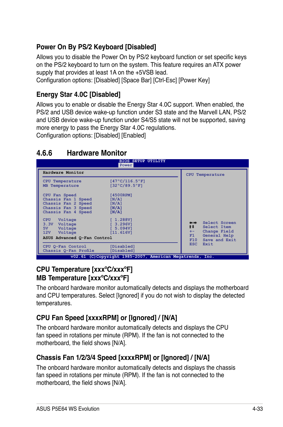 6 hardware monitor, Hardware monitor -33, Power on by ps/2 keyboard [disabled | Energy star 4.0c [disabled | Asus EVOLUTION P5E64 WS User Manual | Page 103 / 180