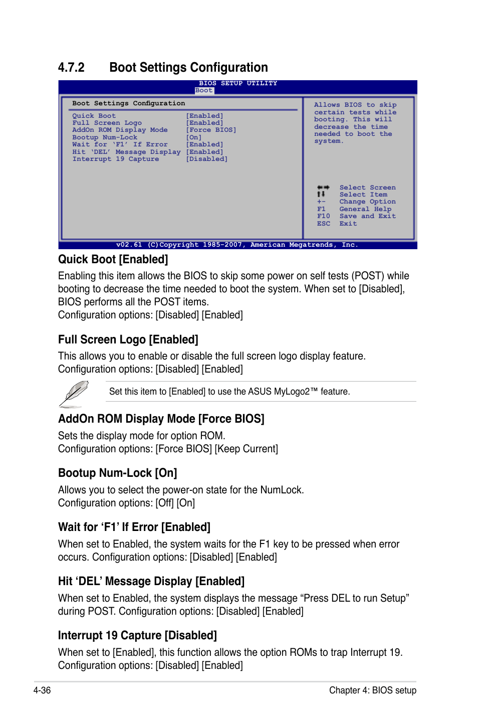 2 boot settings configuration, Boot settings configuration -36, Quick boot [enabled | Full screen logo [enabled, Addon rom display mode [force bios, Bootup num-lock [on, Wait for ‘f1’ if error [enabled, Hit ‘del’ message display [enabled, Interrupt 19 capture [disabled | Asus EVOLUTION P5E64 WS User Manual | Page 106 / 180