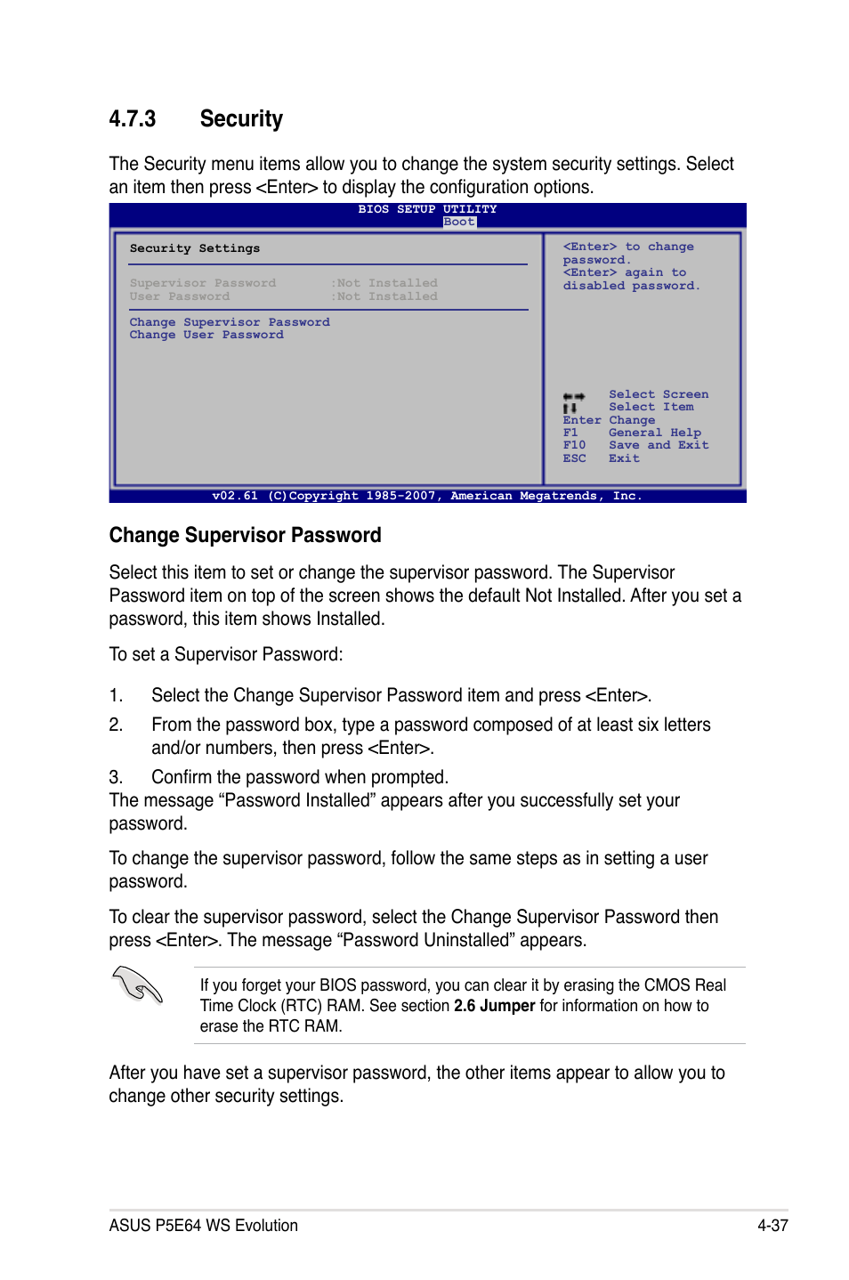 3 security, Security -37, Change supervisor password | Asus EVOLUTION P5E64 WS User Manual | Page 107 / 180