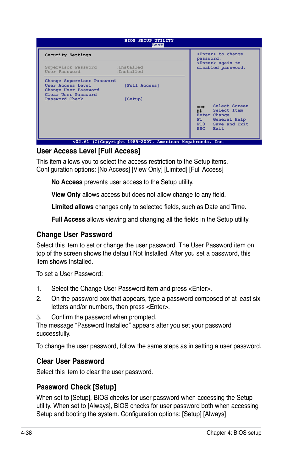 User access level [full access, Change user password, Clear user password | Password check [setup, Select this item to clear the user password | Asus EVOLUTION P5E64 WS User Manual | Page 108 / 180