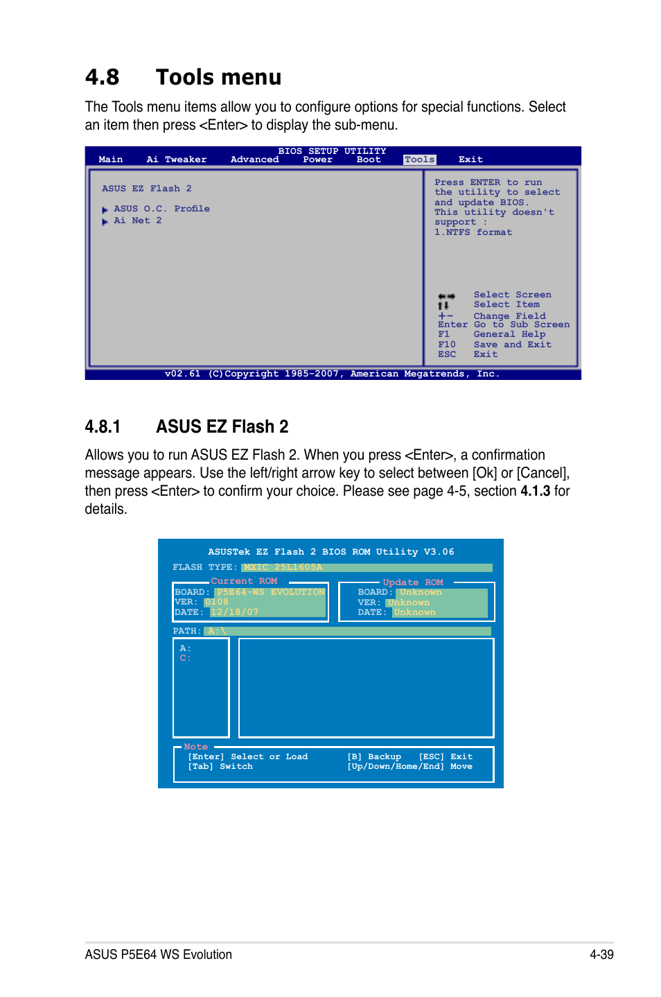 8 tools menu, 1 asus ez flash 2, Tools menu -39 4.8.1 | Asus ez flash 2 -39 | Asus EVOLUTION P5E64 WS User Manual | Page 109 / 180