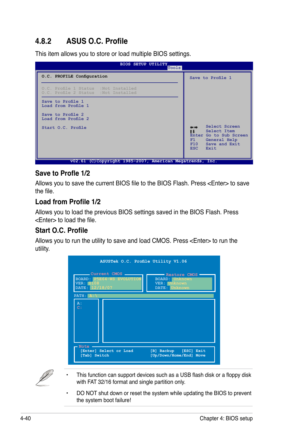 2 asus o.c. profile, Asus o.c. profile -40, Save to profle 1/2 | Load from profile 1/2, Start o.c. profile | Asus EVOLUTION P5E64 WS User Manual | Page 110 / 180