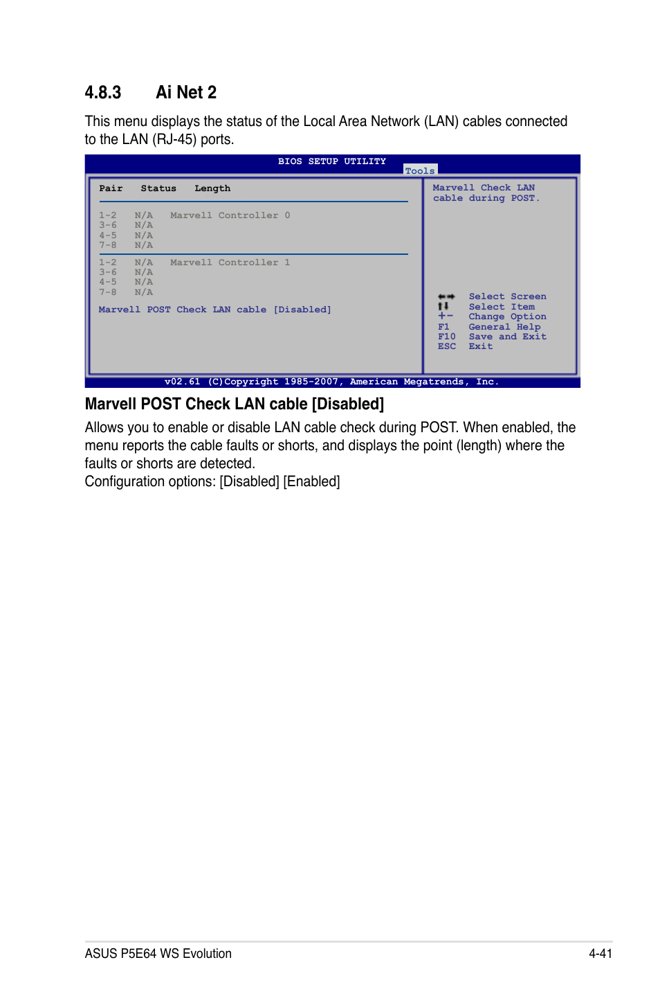 3 ai net 2, Ai net 2 -41, Marvell post check lan cable [disabled | Asus EVOLUTION P5E64 WS User Manual | Page 111 / 180