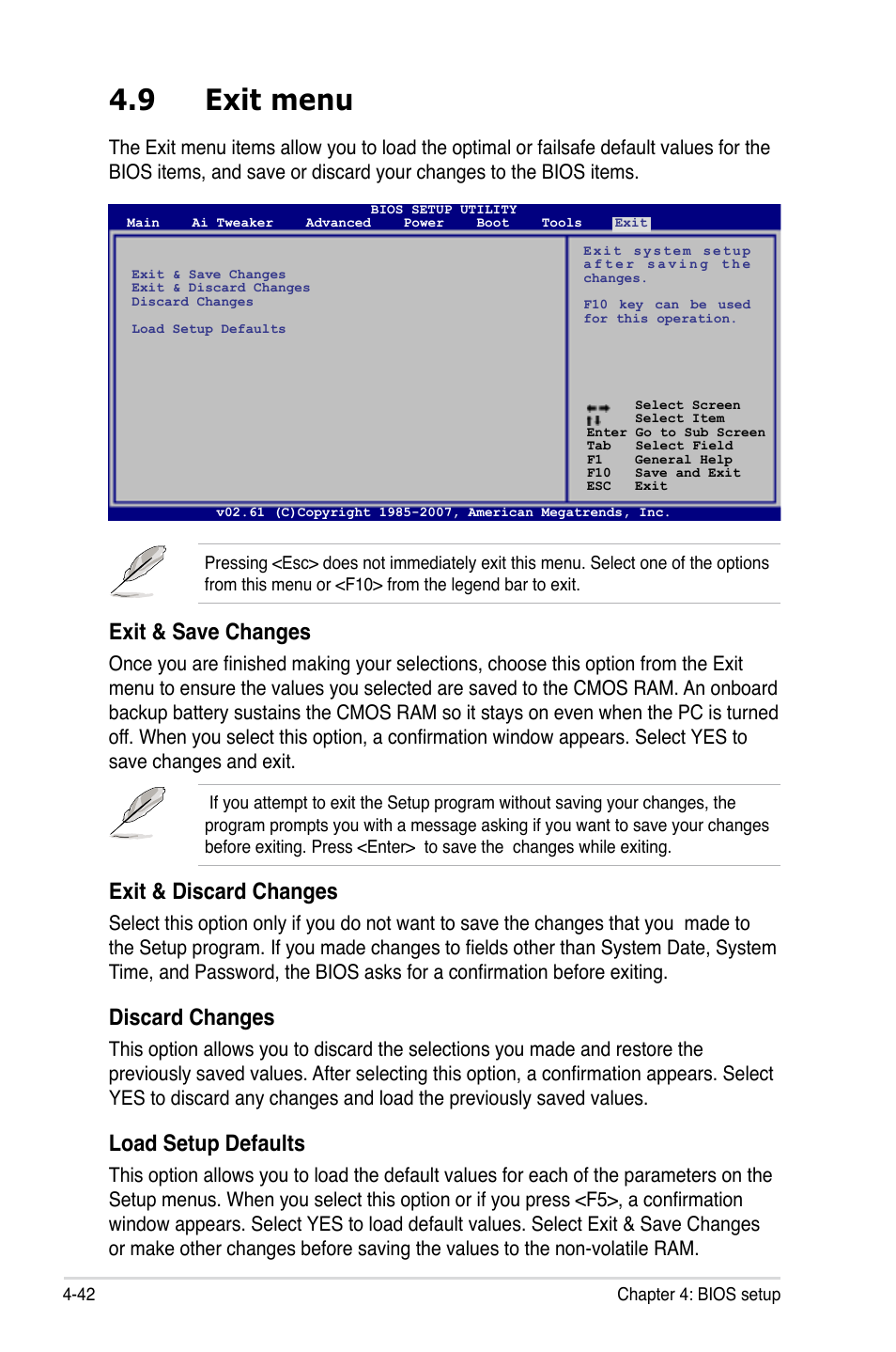 9 exit menu, Exit menu -42, Exit & save changes | Exit & discard changes, Discard changes, Load setup defaults | Asus EVOLUTION P5E64 WS User Manual | Page 112 / 180