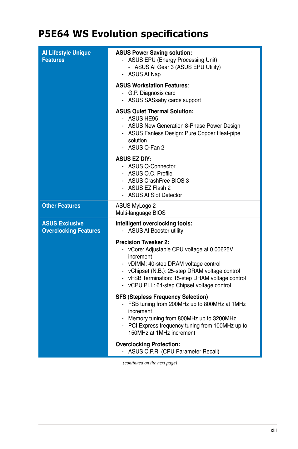 P5e64 ws evolution specifications | Asus EVOLUTION P5E64 WS User Manual | Page 13 / 180