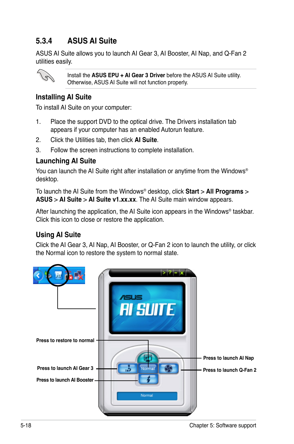 4 asus ai suite, 4 asus ai suite -18, Installing ai suite | Launching ai suite, Using ai suite | Asus EVOLUTION P5E64 WS User Manual | Page 132 / 180