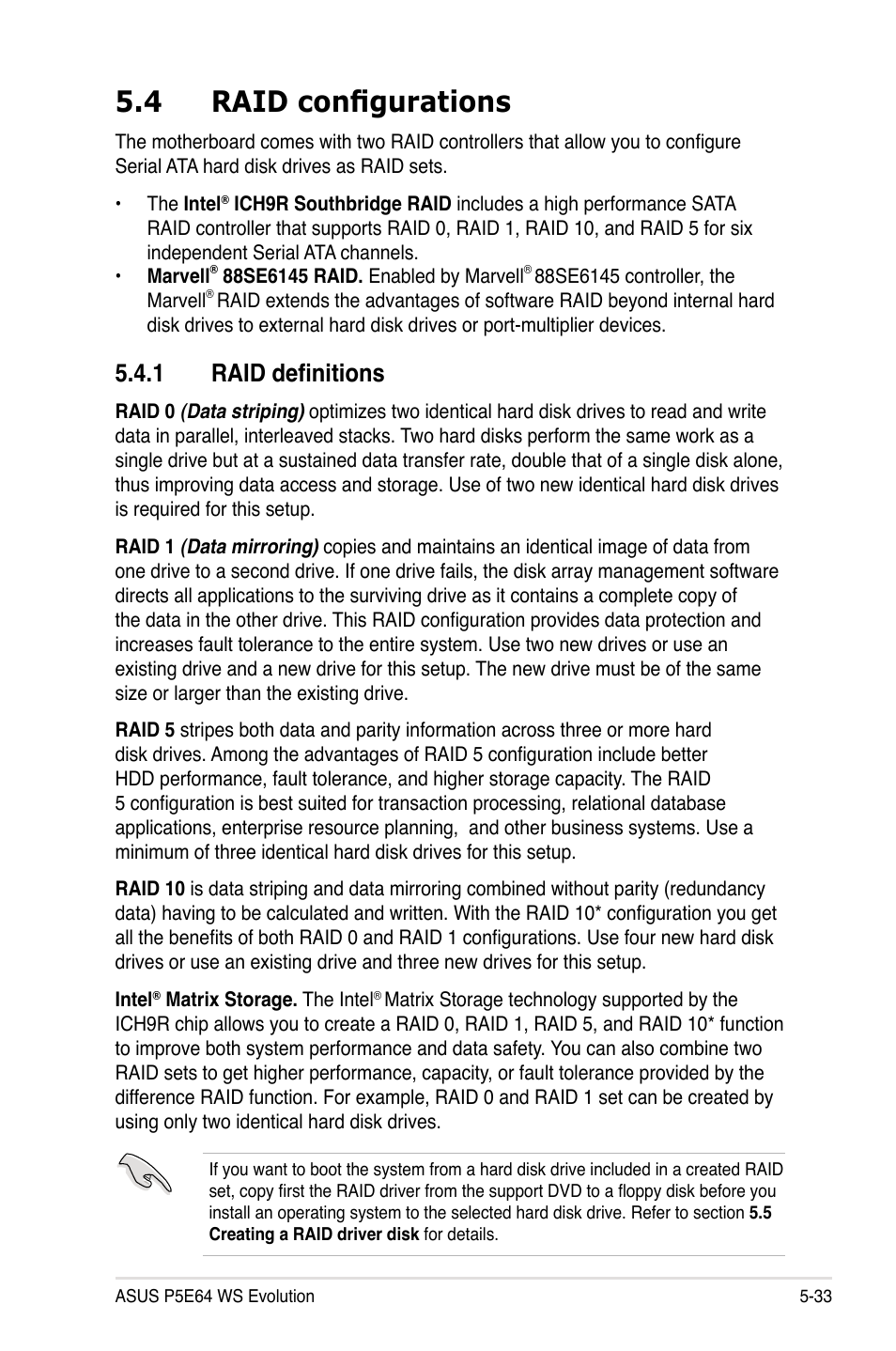 4 raid configurations, 1 raid definitions, Raid configurations -33 5.4.1 | Raid definitions -33 | Asus EVOLUTION P5E64 WS User Manual | Page 147 / 180