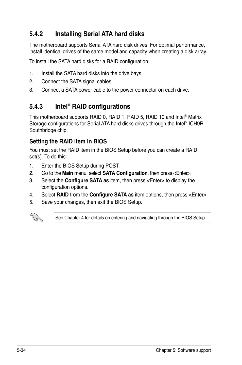 2 installing serial ata hard disks, 3 intel® raid configurations, Installing serial ata hard disks -34 | Intel, Raid configurations -34, 3 intel, Raid configurations | Asus EVOLUTION P5E64 WS User Manual | Page 148 / 180