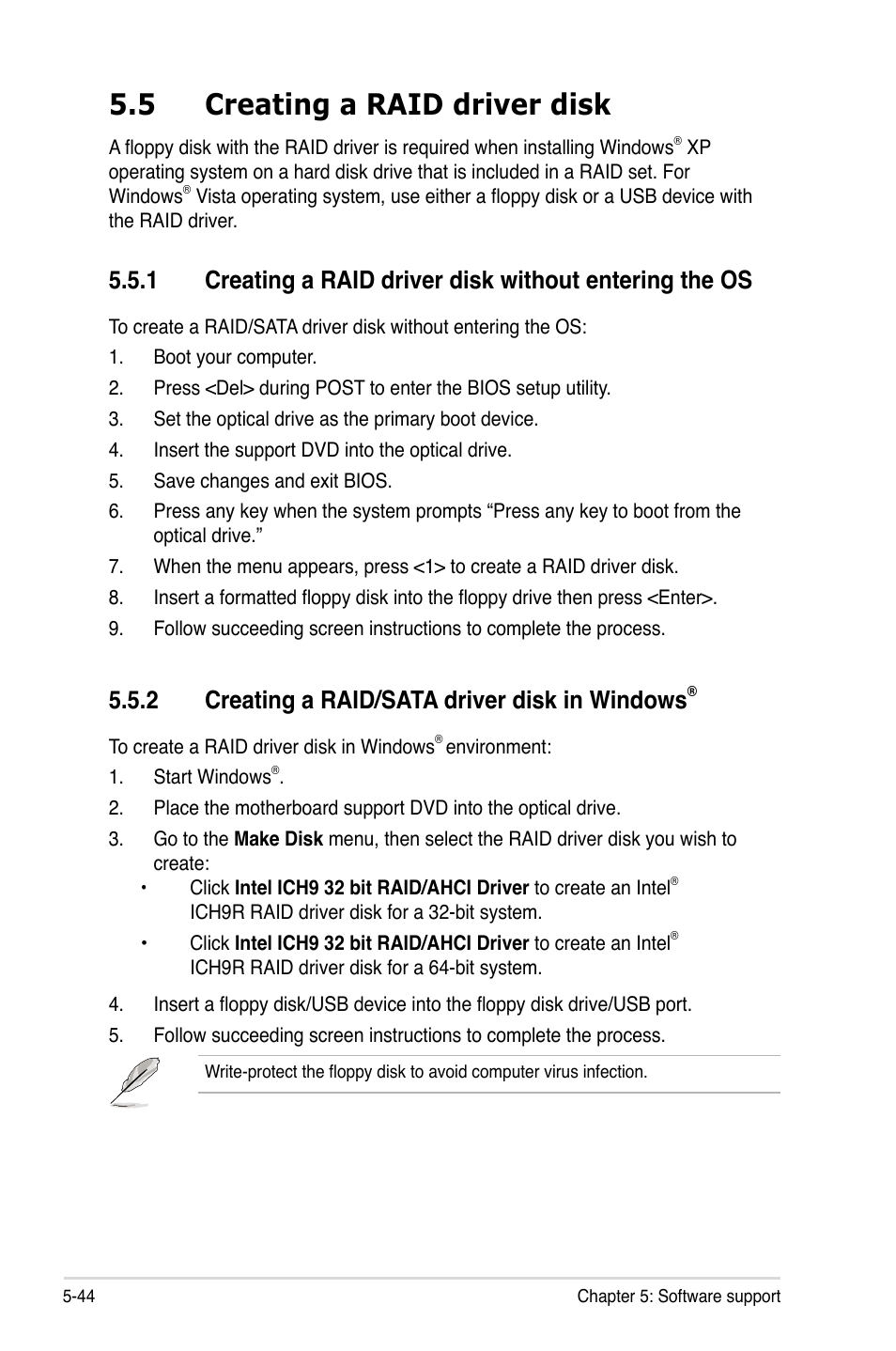 5 creating a raid driver disk, 2 creating a raid/sata driver disk in windows, Creating a raid driver disk -44 5.5.1 | Creating a raid/sata driver disk in windows | Asus EVOLUTION P5E64 WS User Manual | Page 158 / 180