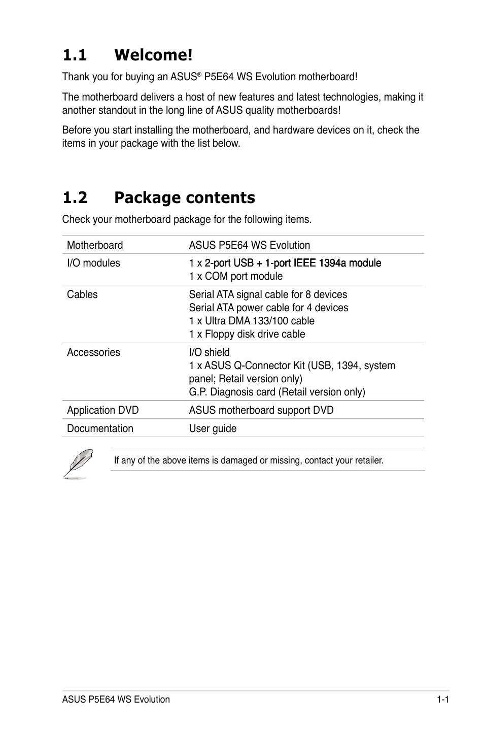 1 welcome, 2 package contents, Welcome! -1 | Package contents -1 | Asus EVOLUTION P5E64 WS User Manual | Page 17 / 180