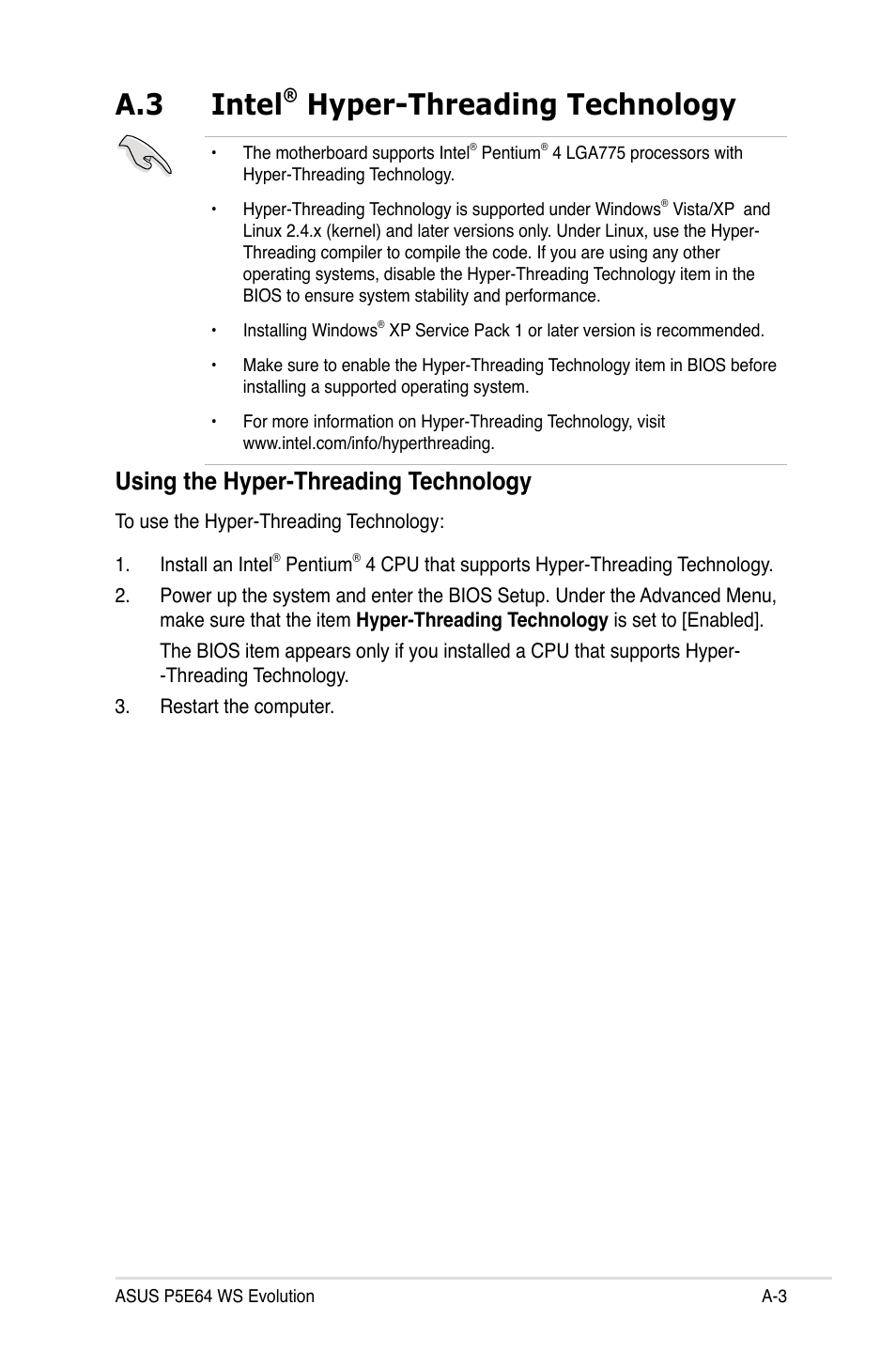 A.3 intel® hyper-threading technology, Using the hyper-threading technology, Intel | A.3 intel, Hyper-threading technology | Asus EVOLUTION P5E64 WS User Manual | Page 179 / 180