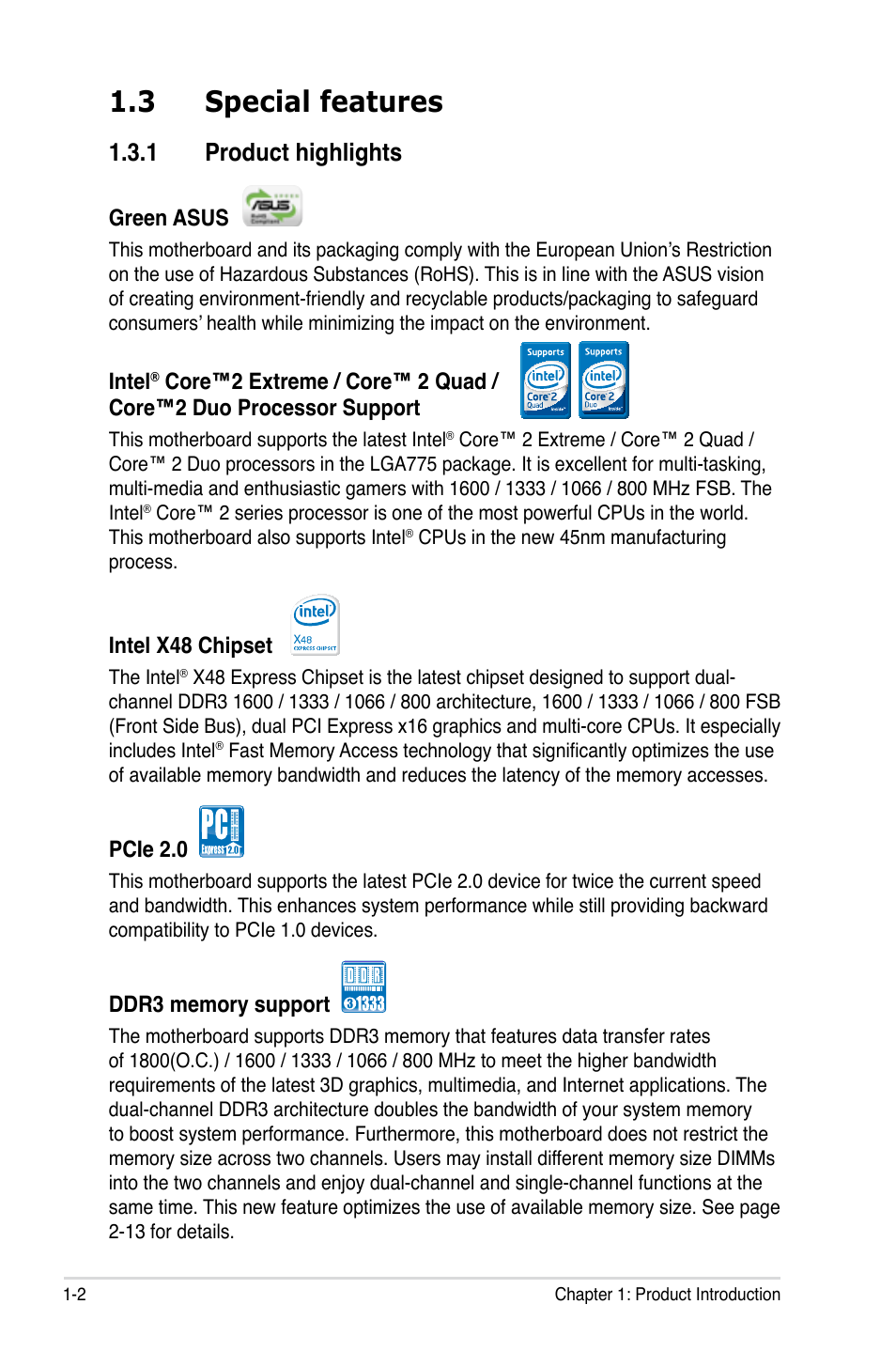 3 special features, 1 product highlights, Special features -2 1.3.1 | Product highlights -2 | Asus EVOLUTION P5E64 WS User Manual | Page 18 / 180