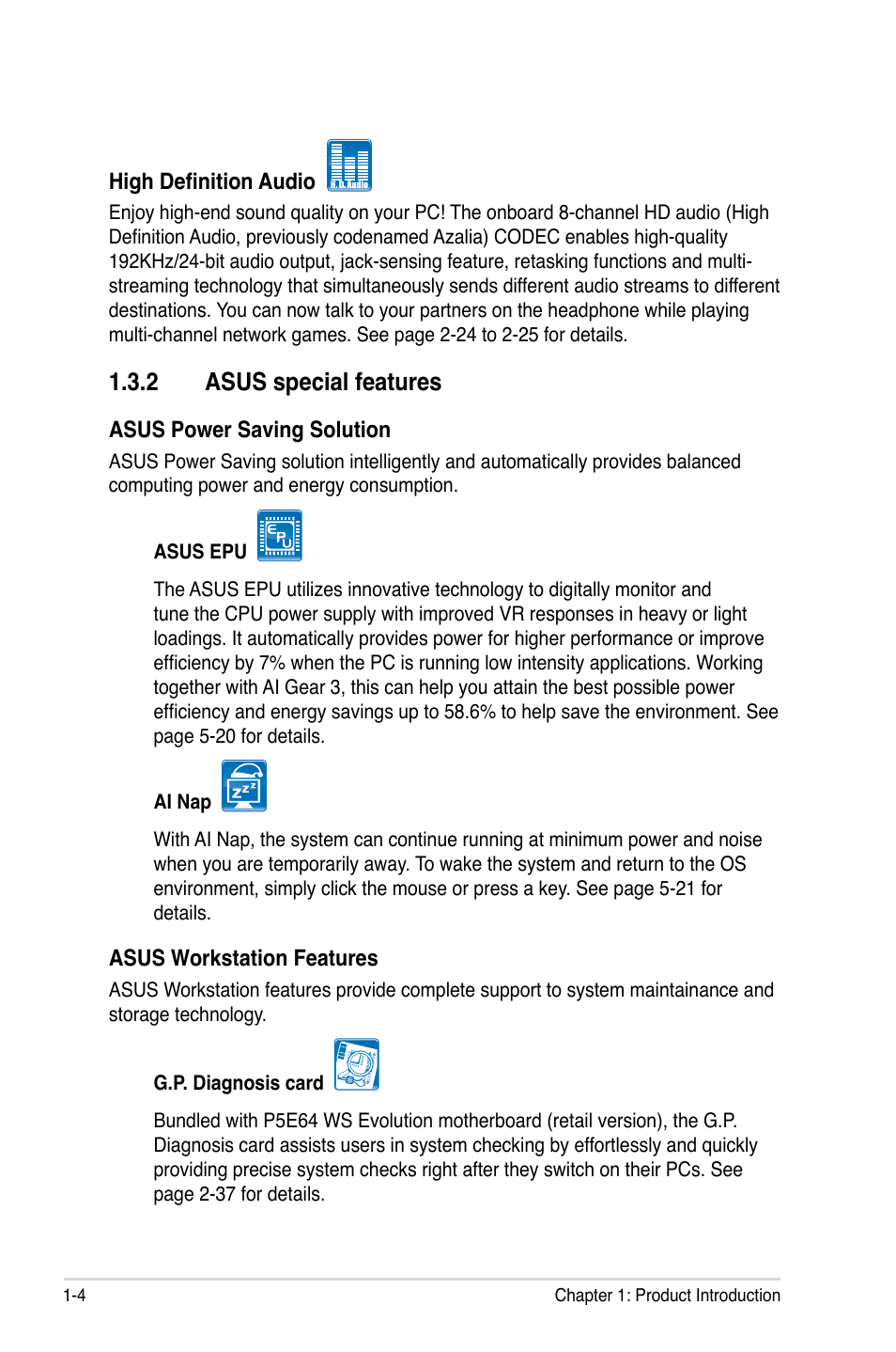 2 asus special features, Asus special features -4 | Asus EVOLUTION P5E64 WS User Manual | Page 20 / 180