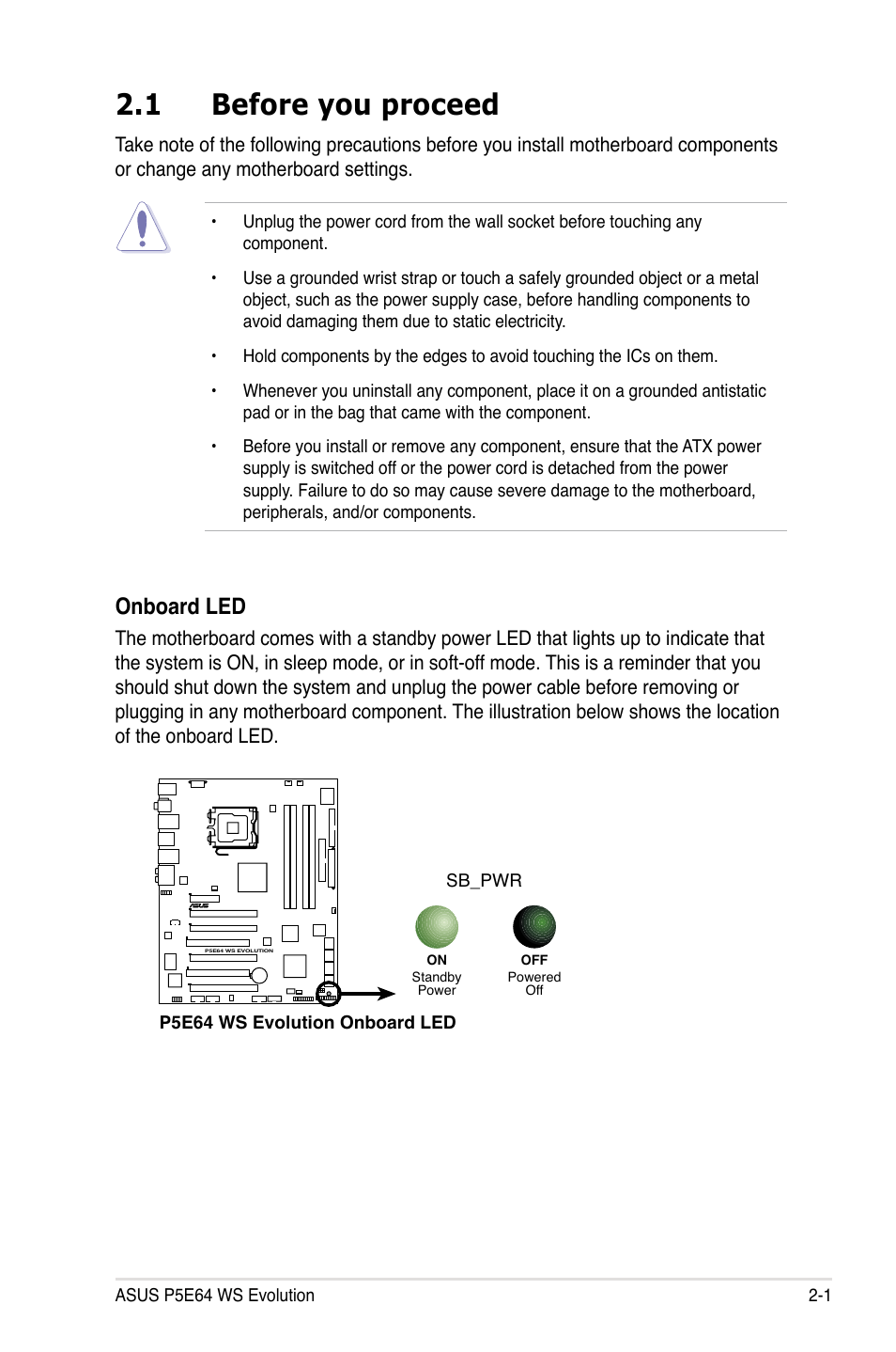 1 before you proceed, Before you proceed -1, Onboard led | Asus EVOLUTION P5E64 WS User Manual | Page 27 / 180