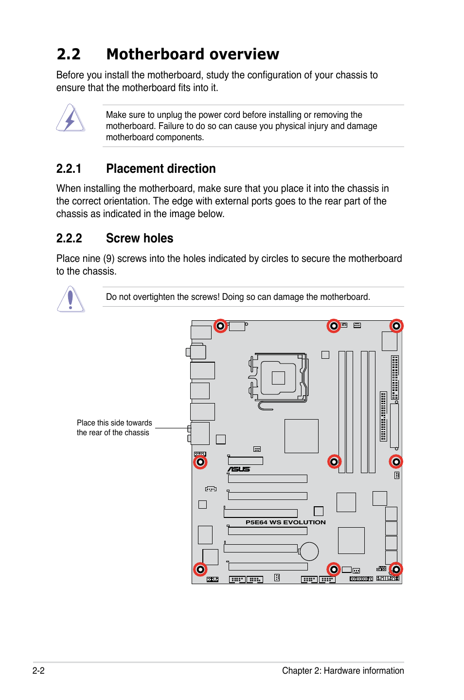 2 motherboard overview, 1 placement direction, 2 screw holes | Motherboard overview -2 2.2.1, Placement direction -2, Screw holes -2 | Asus EVOLUTION P5E64 WS User Manual | Page 28 / 180