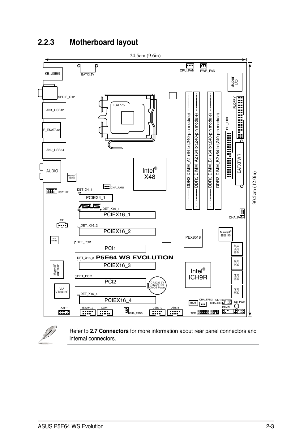 3 motherboard layout, Motherboard layout -3, Intel | Ich9r, P5e64 ws evolution, Pciex16_1 pci1, Pci2 pciex16_4, Pciex16_2, Pciex16_3 | Asus EVOLUTION P5E64 WS User Manual | Page 29 / 180