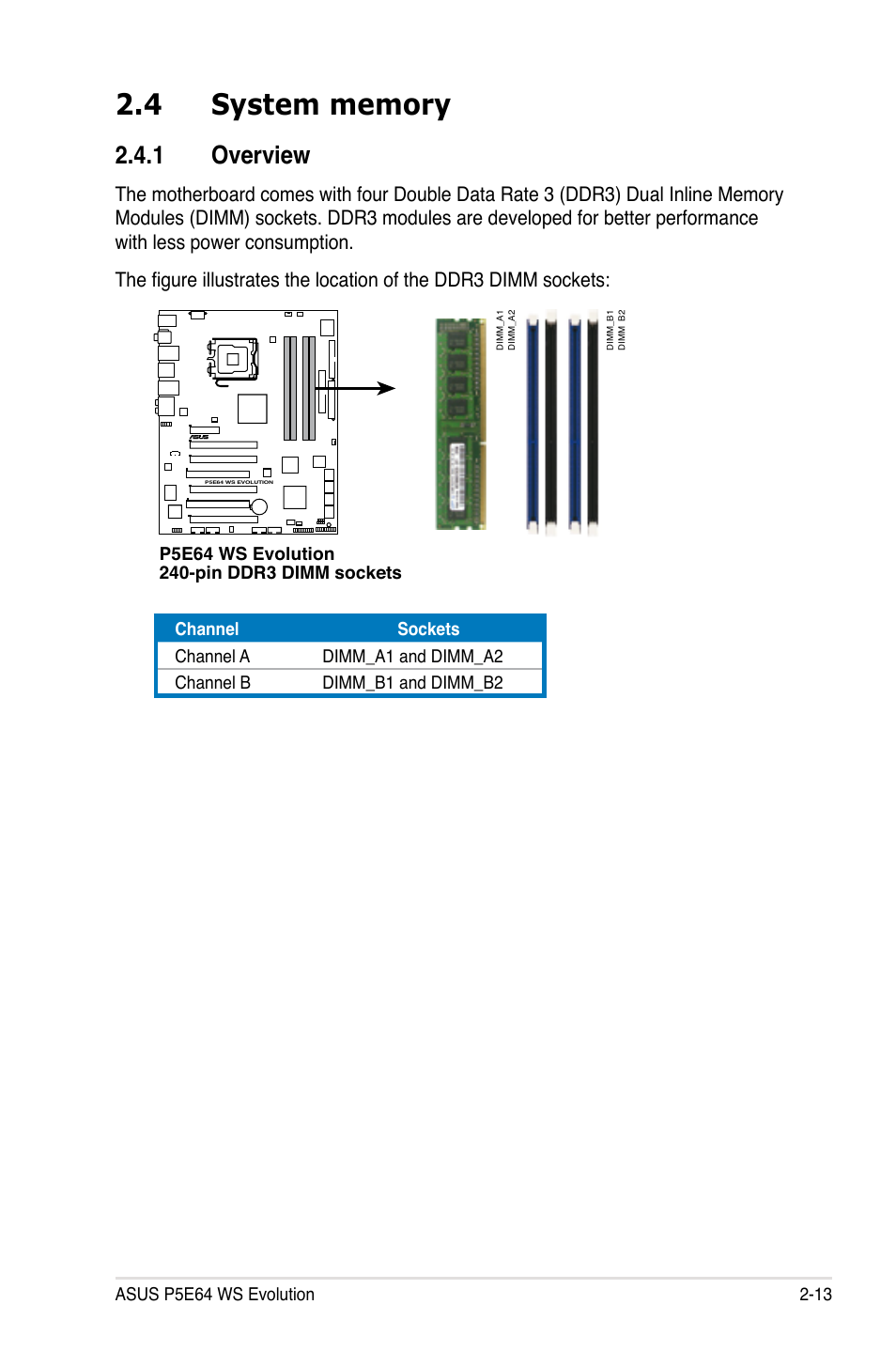 4 system memory, 1 overview, System memory -13 2.4.1 | Overview -13 | Asus EVOLUTION P5E64 WS User Manual | Page 39 / 180