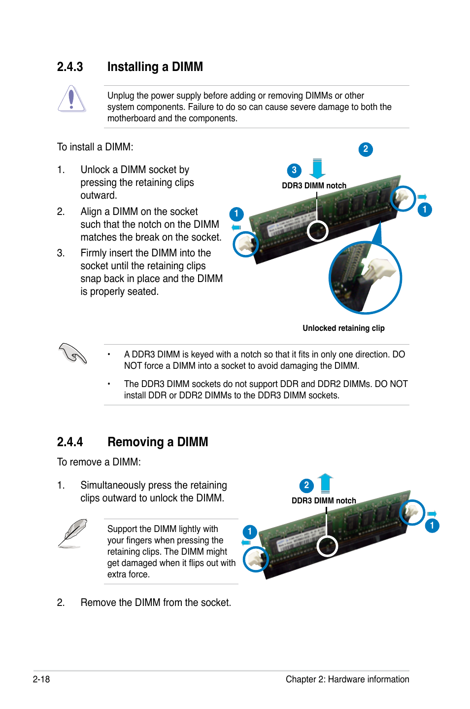 3 installing a dimm, 4 removing a dimm, Installing a dimm -18 | Removing a dimm -18 | Asus EVOLUTION P5E64 WS User Manual | Page 44 / 180