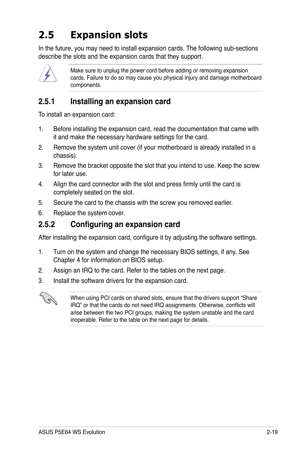 5 expansion slots, 1 installing an expansion card, 2 configuring an expansion card | Expansion slots -19 2.5.1, Installing an expansion card -19, Configuring an expansion card -19 | Asus EVOLUTION P5E64 WS User Manual | Page 45 / 180