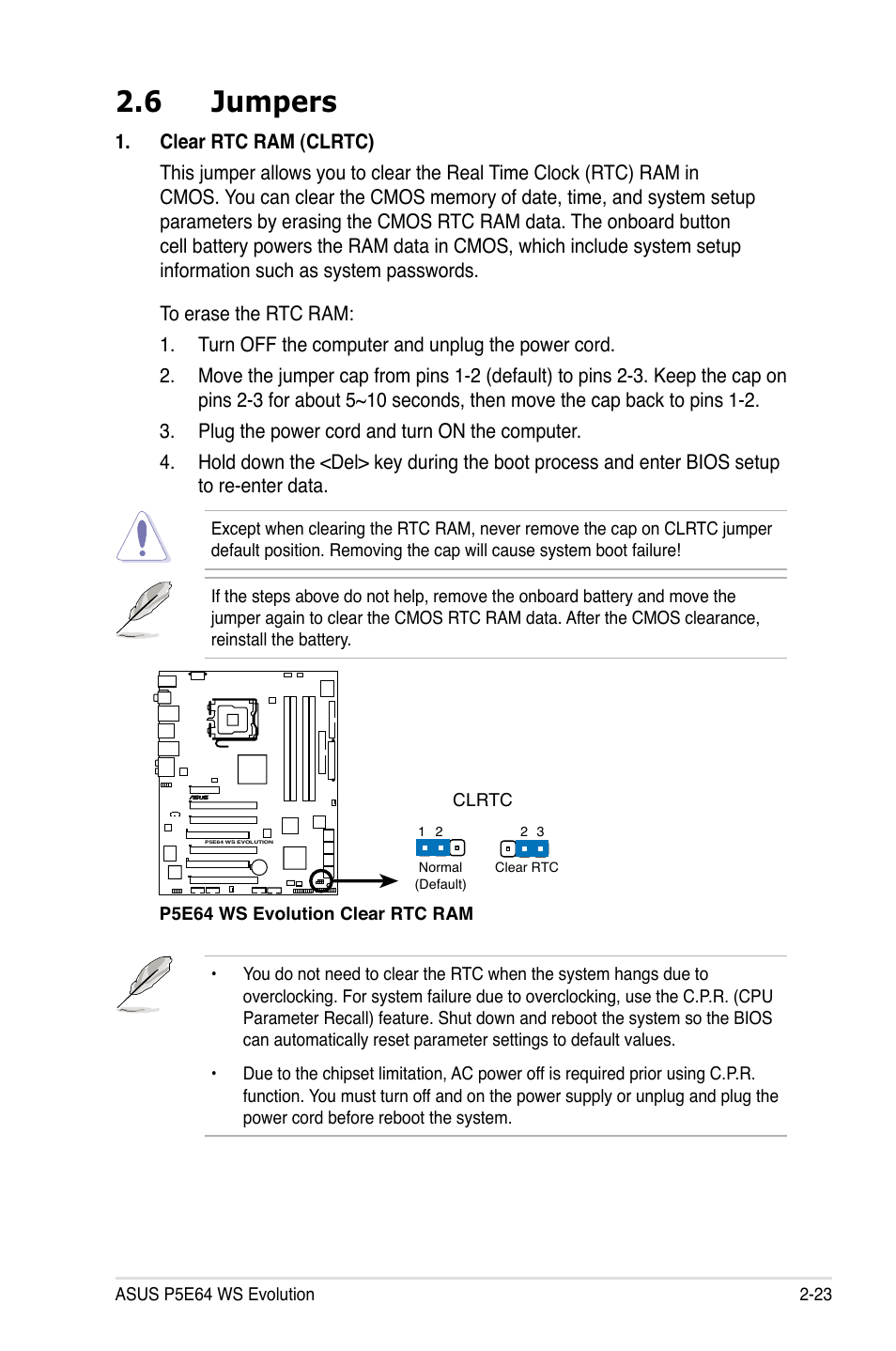 6 jumpers, Jumpers -23 | Asus EVOLUTION P5E64 WS User Manual | Page 49 / 180