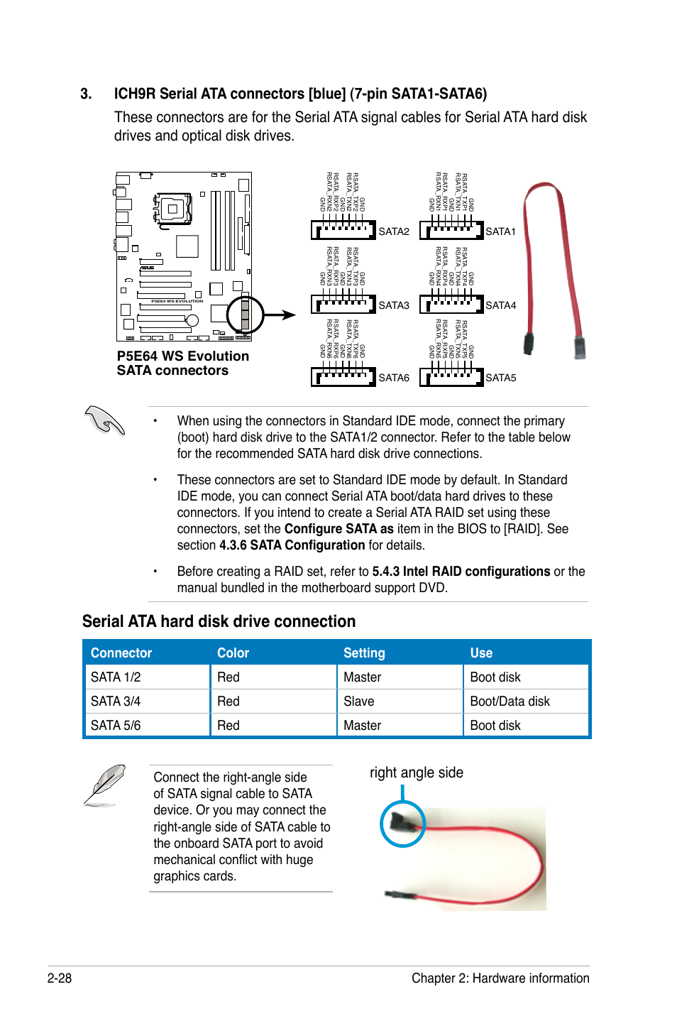 Serial ata hard disk drive connection, Right angle side, 28 chapter 2: hardware information | P5e64 ws evolution sata connectors, P5b sata connectors, Sata2 sata1, Sata3 sata4, Sata6 sata5 | Asus EVOLUTION P5E64 WS User Manual | Page 54 / 180