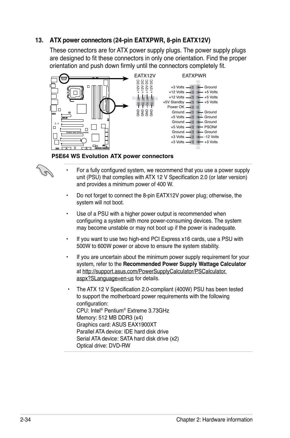 Pentium, P5e64 ws evolution atx power connectors | Asus EVOLUTION P5E64 WS User Manual | Page 60 / 180