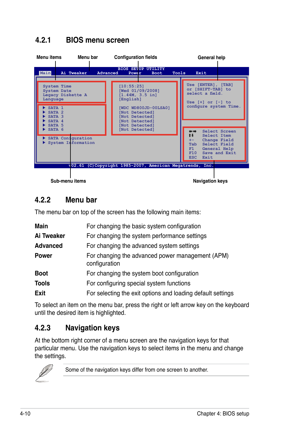 1 bios menu screen, 2 menu bar, 3 navigation keys | Bios menu screen -10, Menu bar -10, Navigation keys -10 | Asus EVOLUTION P5E64 WS User Manual | Page 80 / 180