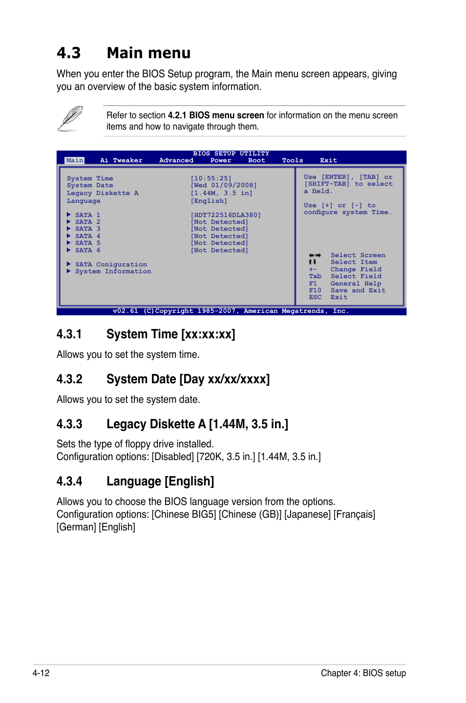 3 main menu, 1 system time [xx:xx:xx, 2 system date [day xx/xx/xxxx | 3 legacy diskette a [1.44m, 3.5 in, 4 language [english, Main menu -12 4.3.1, System time -12, System date -12, Legacy diskette a -12, Language -12 | Asus EVOLUTION P5E64 WS User Manual | Page 82 / 180