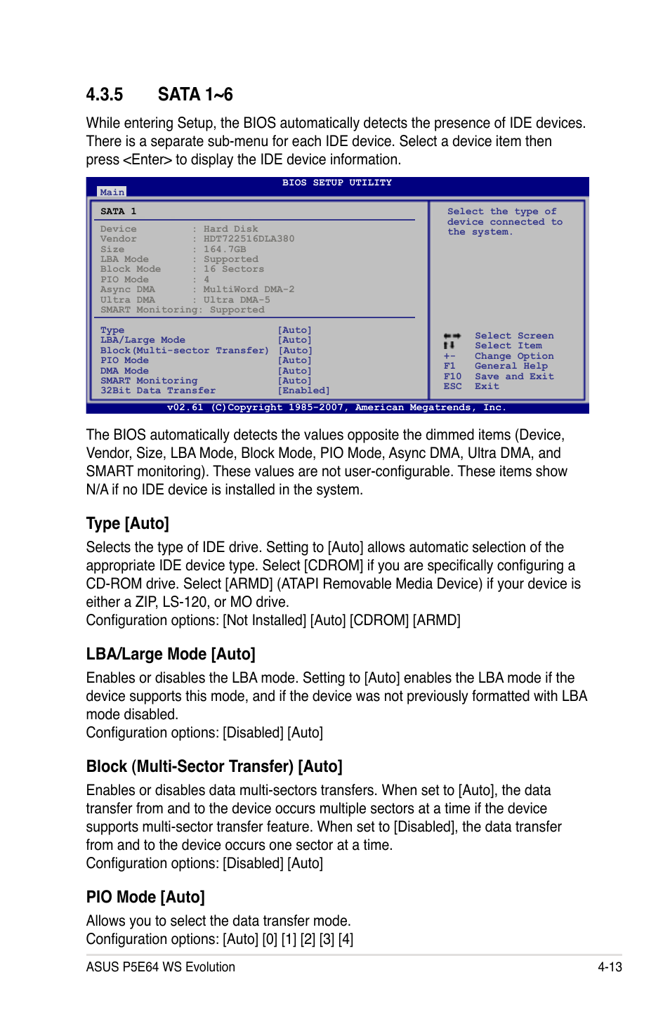 5 sata 1~6, Sata 1~6 -13, Type [auto | Lba/large mode [auto, Block (multi-sector transfer) [auto, Pio mode [auto | Asus EVOLUTION P5E64 WS User Manual | Page 83 / 180