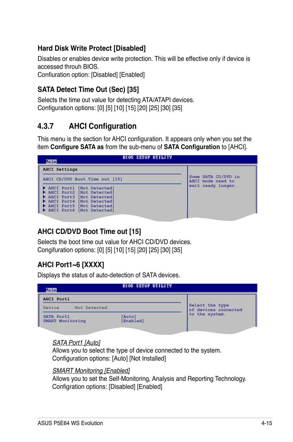 7 ahci configuration, Ahci configuration -15, Hard disk write protect [disabled | Sata detect time out (sec) [35, Ahci cd/dvd boot time out [15 | Asus EVOLUTION P5E64 WS User Manual | Page 85 / 180