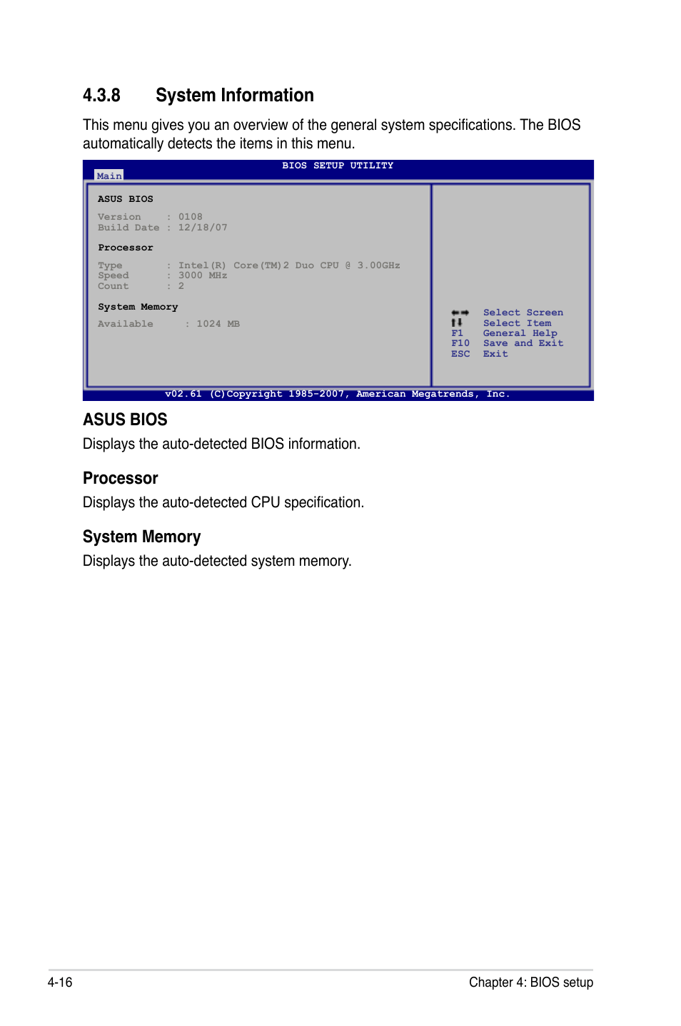 8 system information, System information -16, Asus bios | Processor, Displays the auto-detected bios information, Displays the auto-detected cpu specification | Asus EVOLUTION P5E64 WS User Manual | Page 86 / 180