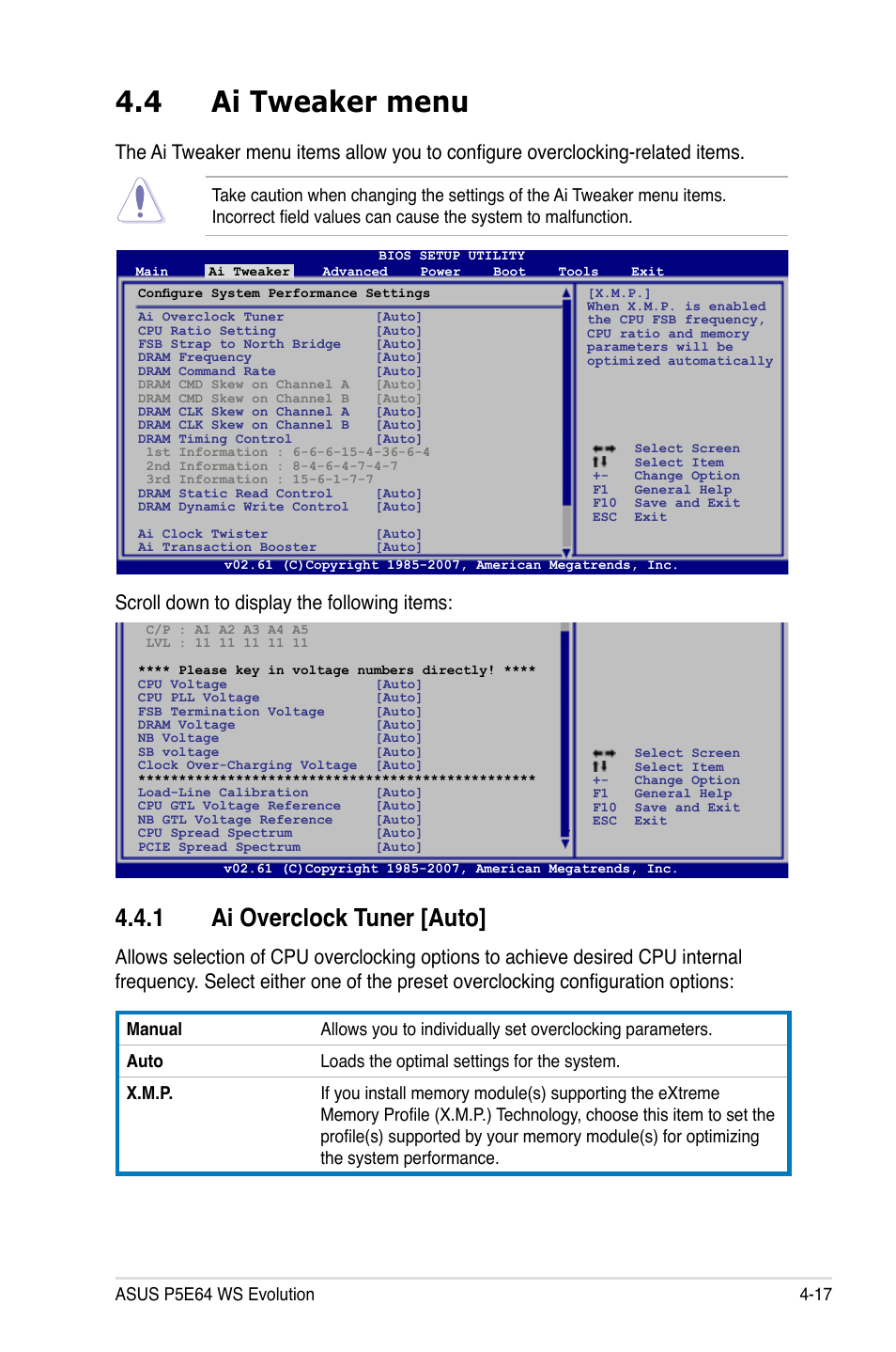 4 ai tweaker menu, 1 ai overclock tuner [auto, Ai tweaker menu -17 4.4.1 | Ai overclock tuner -17, Scroll down to display the following items | Asus EVOLUTION P5E64 WS User Manual | Page 87 / 180