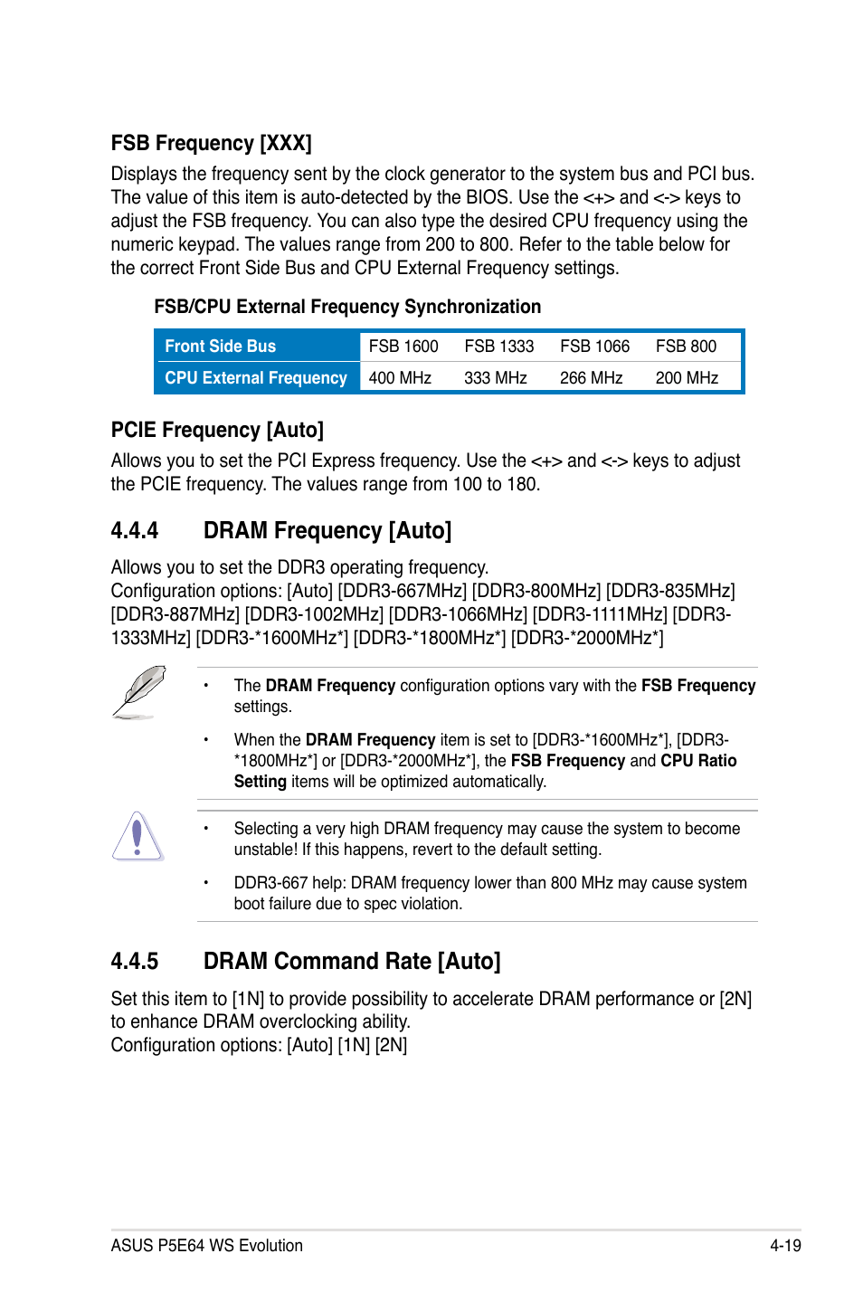 4 dram frequency [auto, 5 dram command rate [auto, Dram frequency -19 | Dram command rate -19 | Asus EVOLUTION P5E64 WS User Manual | Page 89 / 180