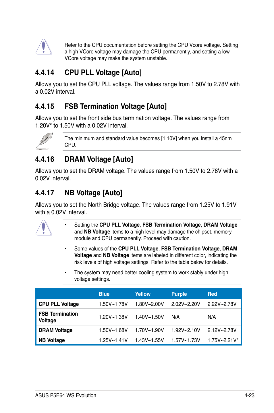 14 cpu pll voltage [auto, 15 fsb termination voltage [auto, 16 dram voltage [auto | 17 nb voltage [auto | Asus EVOLUTION P5E64 WS User Manual | Page 93 / 180