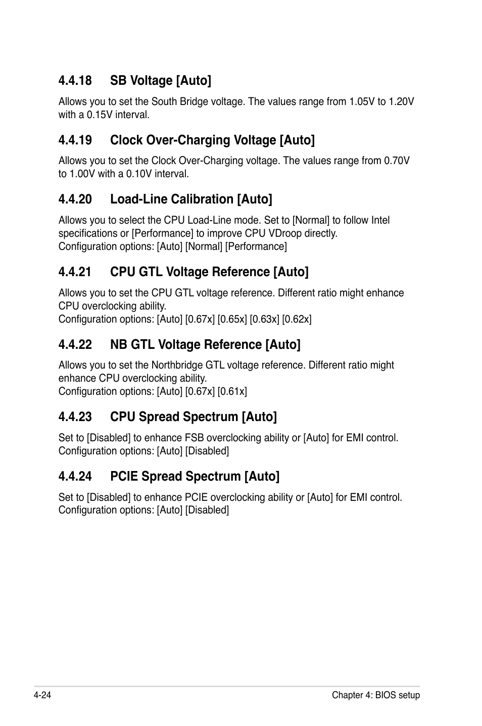 18 sb voltage [auto, 19 clock over-charging voltage [auto, 20 load-line calibration [auto | 21 cpu gtl voltage reference [auto, 22 nb gtl voltage reference [auto, 23 cpu spread spectrum [auto, 24 pcie spread spectrum [auto | Asus EVOLUTION P5E64 WS User Manual | Page 94 / 180